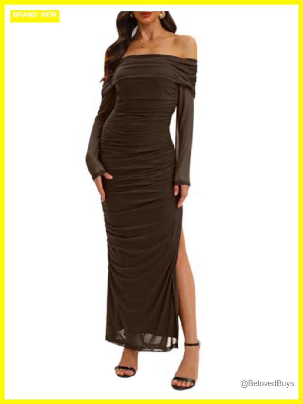 Off Shoulder Long Sleeve Mesh Ruched High Slit Formal Maxi Dress